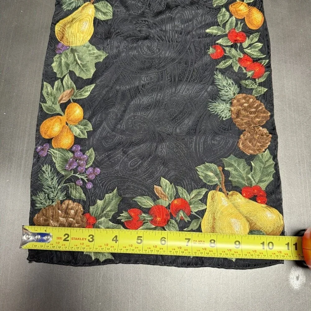 Vintage Luxury Fashion Silk Scarf Black Harvest‎ Fruit Motif Holiday Wrap